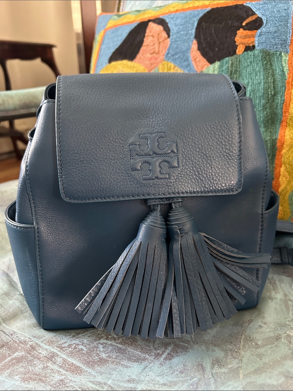 Tory Burch Thea Navy Leather Tassel Drawstring Backpack